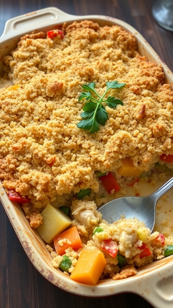 A hearty chicken and rice casserole with vegetables and breadcrumb topping, served in a rustic dish.